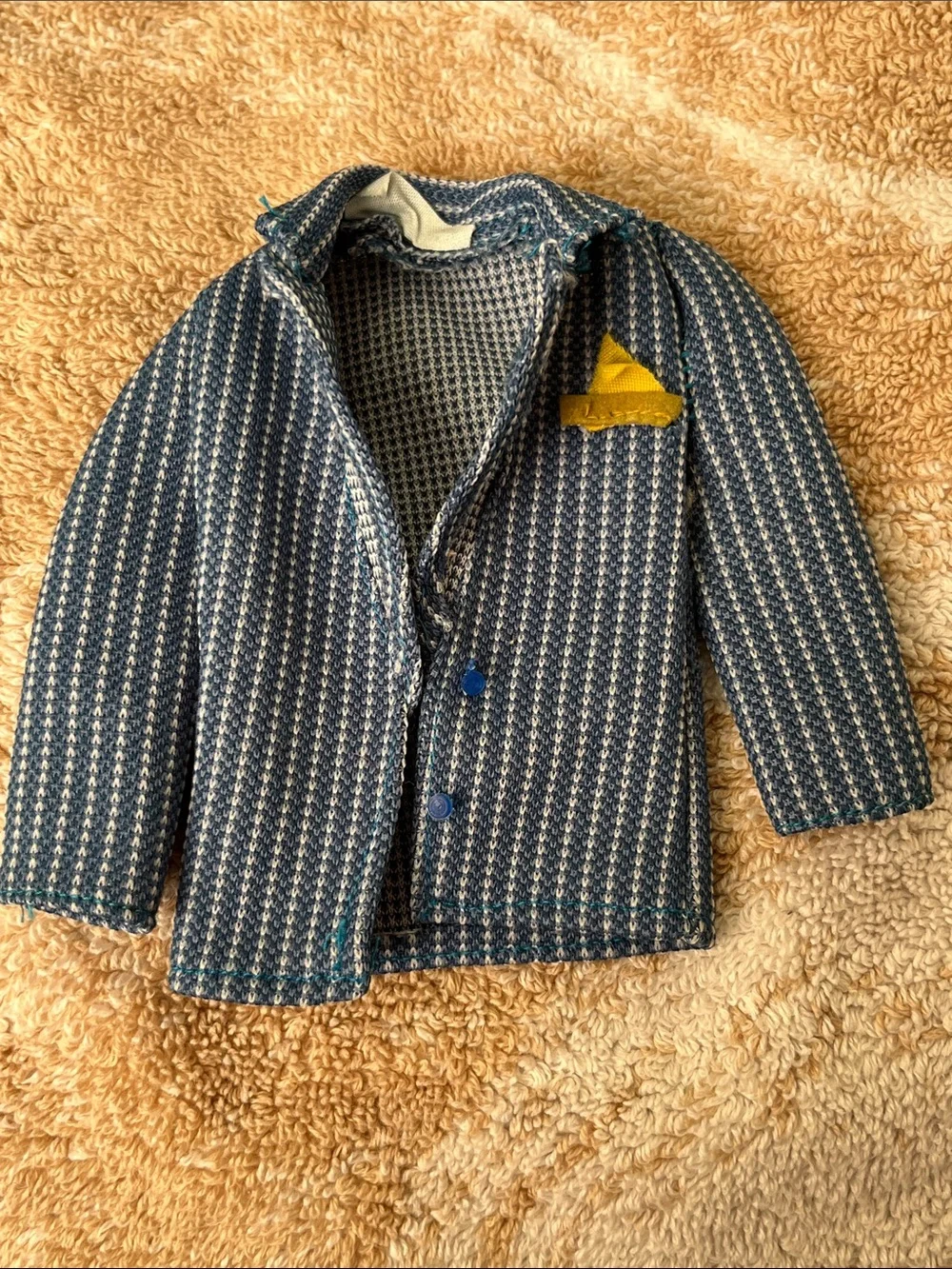 Blue Patterned Kids Doll Jacket with Yellow Pocket Accent